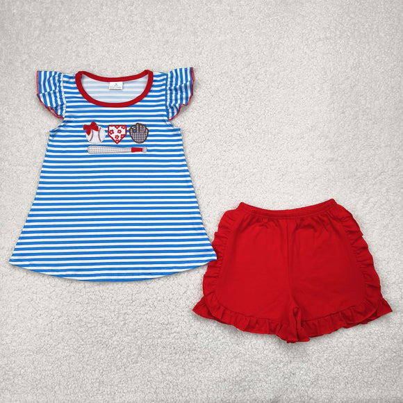 Bow Baseball Blue Stripe Red Girls Shorts Sets