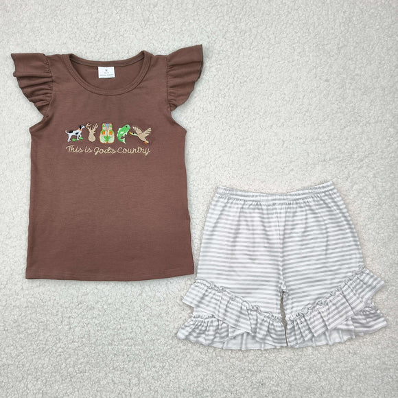 This is god's country Stripe Brown Girls Shorts Sets