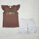 This is god's country Stripe Brown Girls Shorts Sets