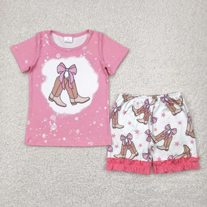 Bow Pattern Boots Stars Pink Girls Shorts Sets