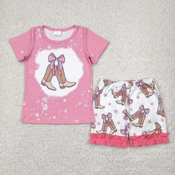 Bow Pattern Boots Stars Pink Girls Shorts Sets