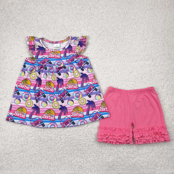 Cartoon Dolls Doughnut Stripe Girls Shorts Sets