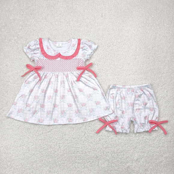 Floral Pink Plaid Bows Ruffles Girls Shorts Sets