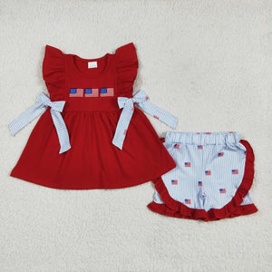 Flag Blue Stripe Bows Red Girls 4th of July Outfits