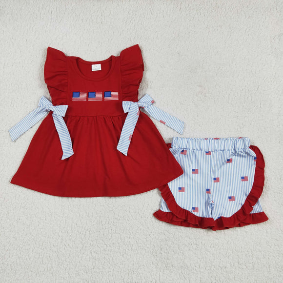 Flag Blue Stripe Bows Red Girls 4th of July Outfits