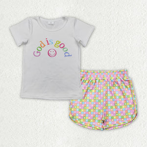 God is good Smile White Floral Plaid Girls Shorts Sets