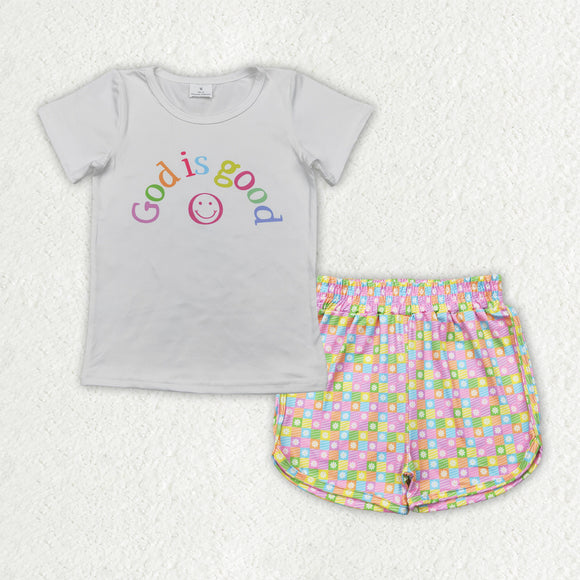 God is good Smile White Floral Plaid Girls Shorts Sets
