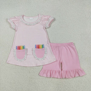 Pencil Lace Ruffles Pink Plaid Girls Back to School Outfits