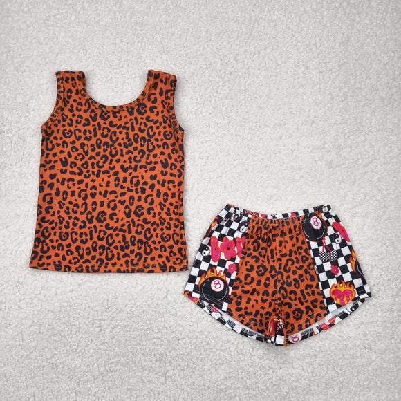 Plaid Leopard Print Brown Girls Shorts Sets