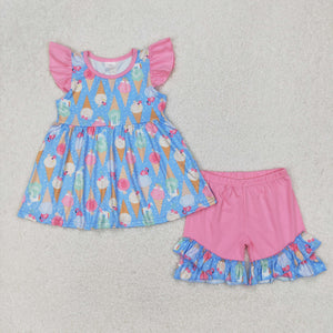 Ice Cream Blue Pink Girls Shorts Sets