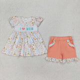 I Love Mom Floral Orange Ruffles Girls Shorts Sets