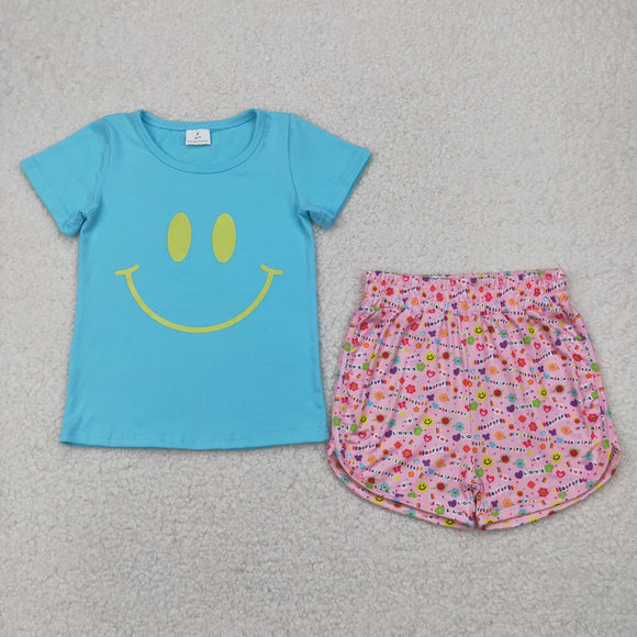 Smile Happy Letters Blue Pink Girls Shorts Sets