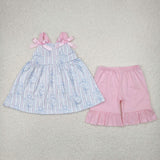 Floral Pink Blue Stripe Girls Shorts Sets