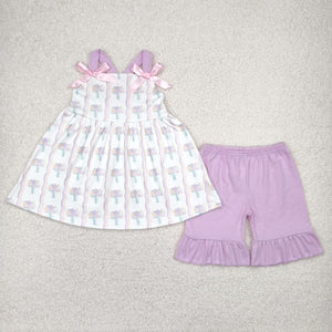 Floral Pink Purple Stripe White Girls Shorts Sets