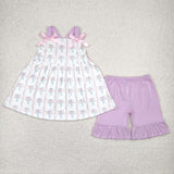 Floral Pink Purple Stripe White Girls Shorts Sets