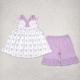 Floral Pink Purple Stripe White Girls Shorts Sets