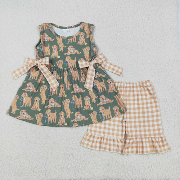 Dog Orange Plaid Ruffles Green Girls Shorts Sets