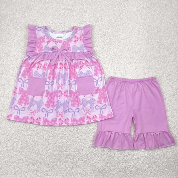 Pink Purple Bow Pattern Pockets Girls Shorts Sets