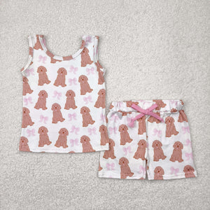 Dogs Pink Bow Pattern White Girls Shorts Sets