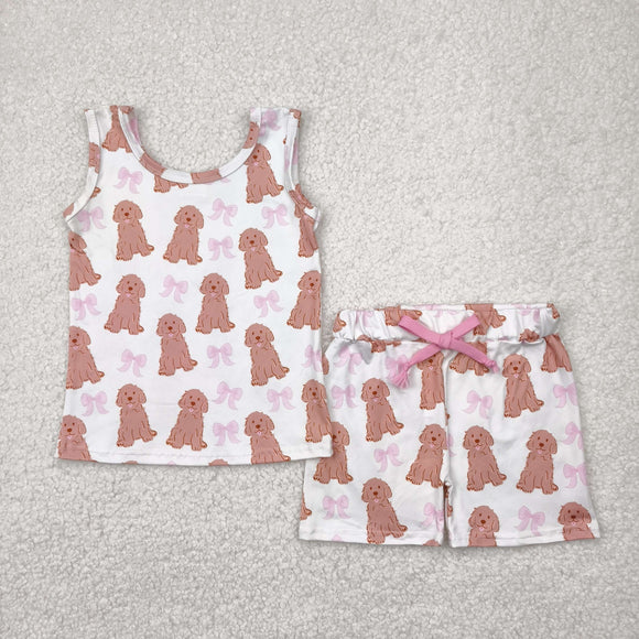 Dogs Pink Bow Pattern White Girls Shorts Sets