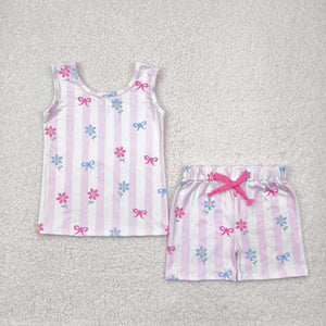 Bow Pattern Floral Pink Stripe Girls Shorts Sets