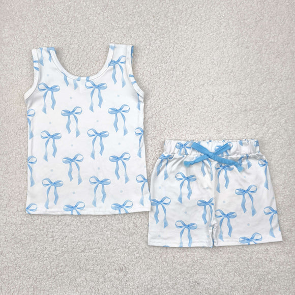 Blue Bow Pattern White Girls Shorts Sets