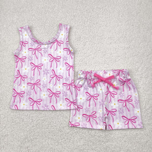 Floral Bow Pattern Pink Stripe Girls Shorts Sets