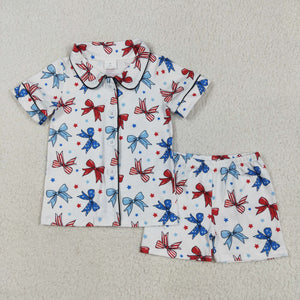 Stars Bow Pattern White Girls 4th of July Pajamas