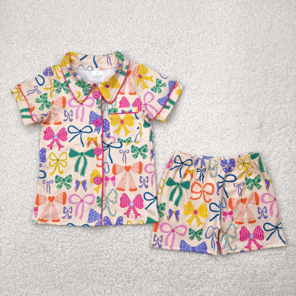 Kids Colorful Bow Pattern Girls Short Sleeve Pajamas
