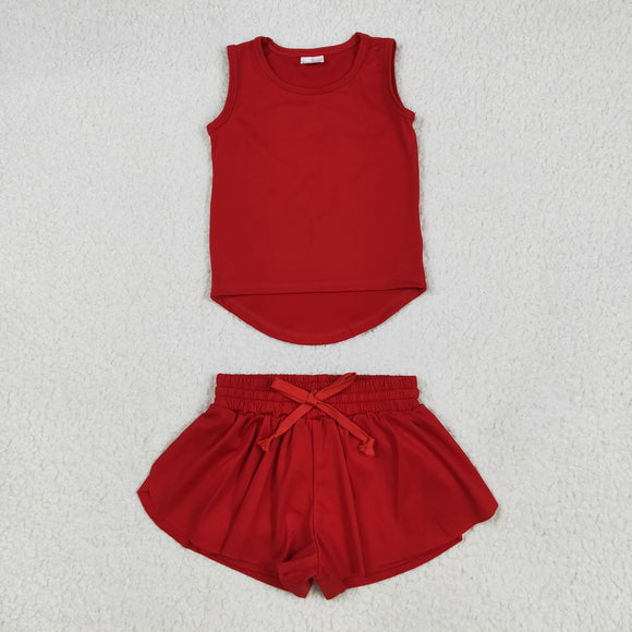 Solid Red Vest Butterfly Athletic Girls Shorts Sets