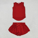 Solid Red Vest Butterfly Athletic Girls Shorts Sets