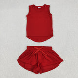 Solid Red Vest Butterfly Athletic Girls Shorts Sets