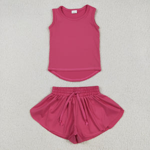 Solid Hot Pink Vest Butterfly Athletic Girls Shorts Sets
