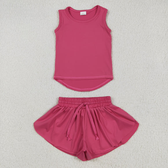 Solid Hot Pink Vest Butterfly Athletic Girls Shorts Sets