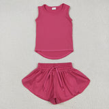 Solid Hot Pink Vest Butterfly Athletic Girls Shorts Sets