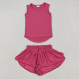 Solid Hot Pink Vest Butterfly Athletic Girls Shorts Sets