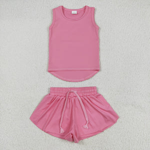Solid Pink Vest Butterfly Athletic Girls Shorts Sets