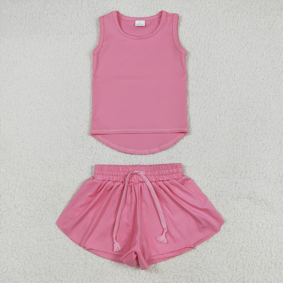 Solid Pink Vest Butterfly Athletic Girls Shorts Sets