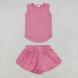 Solid Pink Vest Butterfly Athletic Girls Shorts Sets