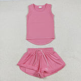 Solid Pink Vest Butterfly Athletic Girls Shorts Sets