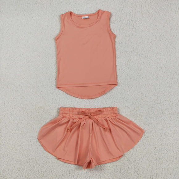 Solid Light Orange Vest Butterfly Athletic Girls Shorts Sets