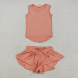 Solid Light Orange Vest Butterfly Athletic Girls Shorts Sets