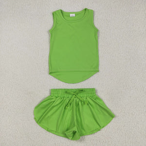 Solid Green Vest Butterfly Athletic Girls Shorts Sets
