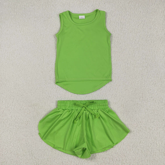 Solid Green Vest Butterfly Athletic Girls Shorts Sets