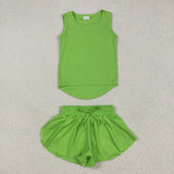 Solid Green Vest Butterfly Athletic Girls Shorts Sets