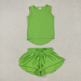 Solid Green Vest Butterfly Athletic Girls Shorts Sets