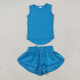 Solid Blue Vest Butterfly Athletic Girls Shorts Sets
