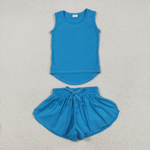 Solid Blue Vest Butterfly Athletic Girls Shorts Sets
