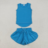 Solid Blue Vest Butterfly Athletic Girls Shorts Sets