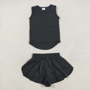 Solid Black Vest Butterfly Athletic Girls Shorts Sets